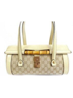Gucci Handbag Bamboo Leather Cream GG Canvas Tote Blanc
